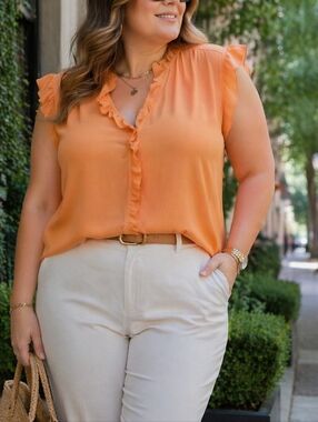 DKNY Ruffle Trim Sleeveless Blouse Orange Sheer Lightweight Feminine Office Chic